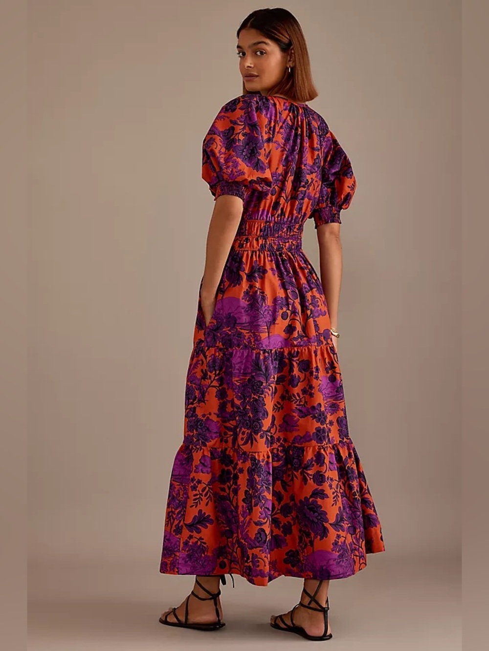 Anthropologie The Somerset Maxi Dress: Puff Sleeve Edition Orange Purple Floral - Picture 5 of 8
